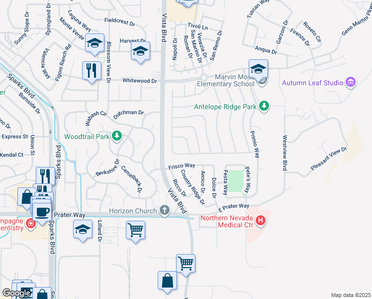 map of restaurants, bars, coffee shops, grocery stores, and more near 1395 Arona Drive in Sparks