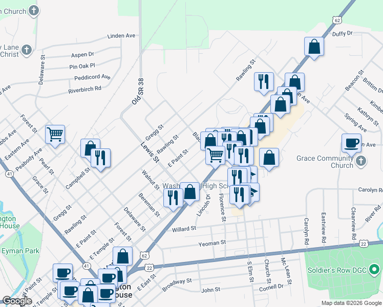 map of restaurants, bars, coffee shops, grocery stores, and more near 1136 East Temple Street in Washington Court House
