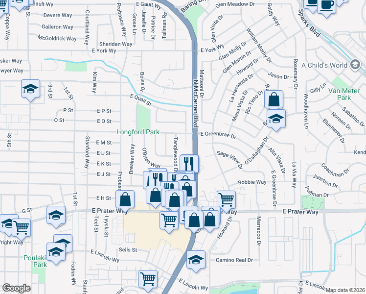 map of restaurants, bars, coffee shops, grocery stores, and more near 1400 Driftwood Court in Sparks