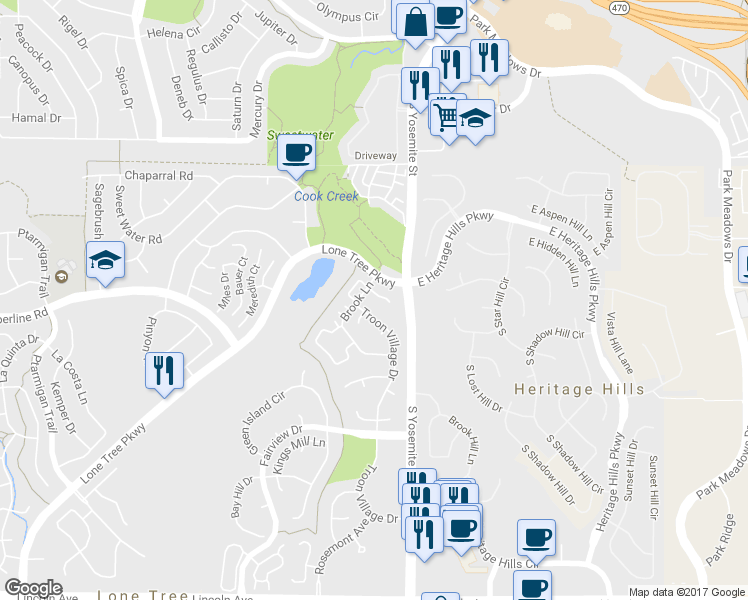 map of restaurants, bars, coffee shops, grocery stores, and more near 8830 Shoal Creek Lane in Lone Tree
