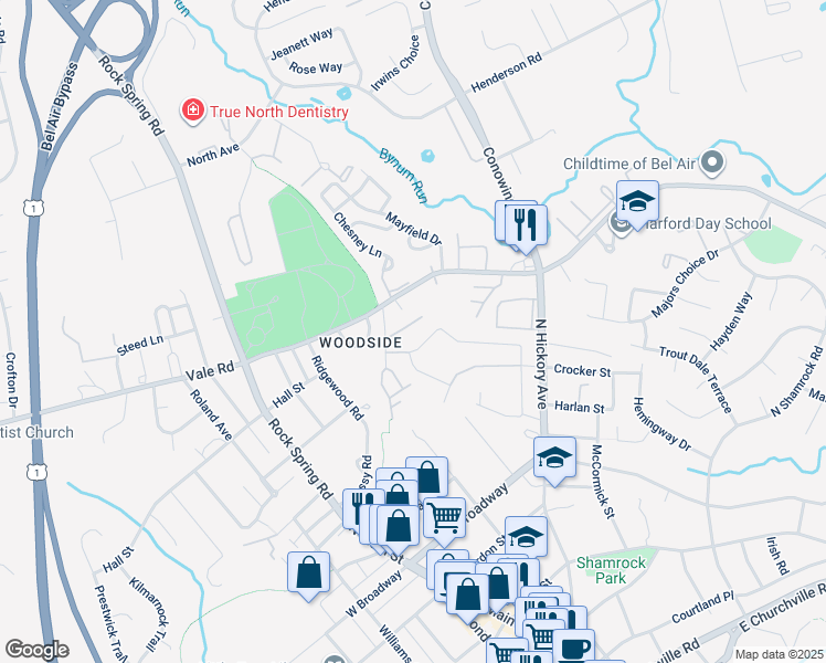 map of restaurants, bars, coffee shops, grocery stores, and more near 108 Seevue Court in Bel Air