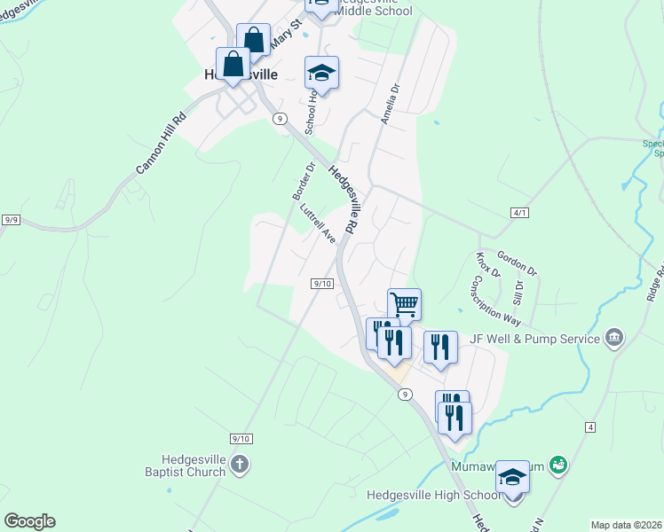 map of restaurants, bars, coffee shops, grocery stores, and more near 4323 Hedgesville Road in Hedgesville