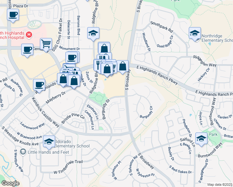 map of restaurants, bars, coffee shops, grocery stores, and more near 9297 S Broadway in Littleton