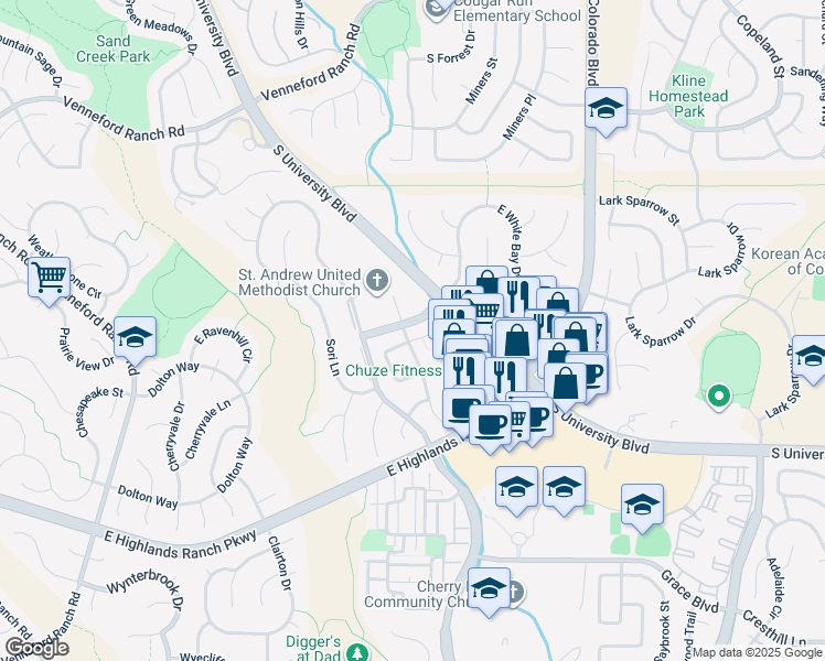 map of restaurants, bars, coffee shops, grocery stores, and more near 9362 Loggia Street in Highlands Ranch