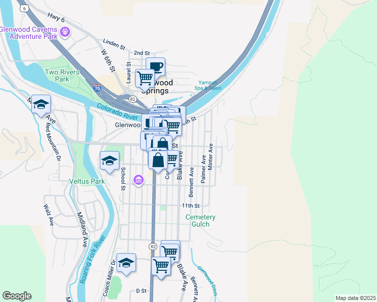 map of restaurants, bars, coffee shops, grocery stores, and more near 815 Bennett Avenue in Glenwood Springs