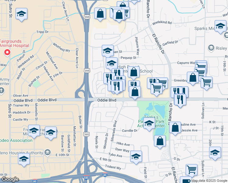 map of restaurants, bars, coffee shops, grocery stores, and more near 1925 Silverada Boulevard in Reno