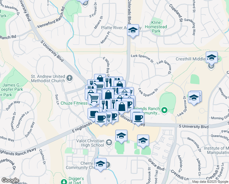 map of restaurants, bars, coffee shops, grocery stores, and more near 9390 South University Boulevard in Highlands Ranch