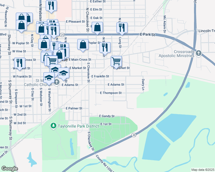 map of restaurants, bars, coffee shops, grocery stores, and more near 710 East Adams Street in Taylorville