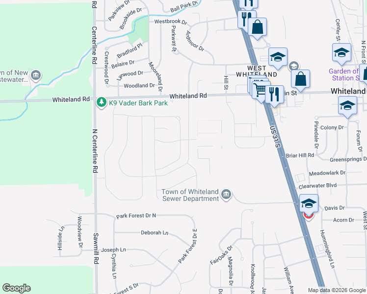 map of restaurants, bars, coffee shops, grocery stores, and more near 259 Kiawah Drive in Whiteland