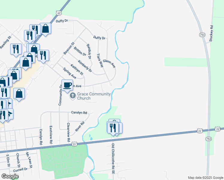 map of restaurants, bars, coffee shops, grocery stores, and more near 210 Tiara Way in Washington Court House