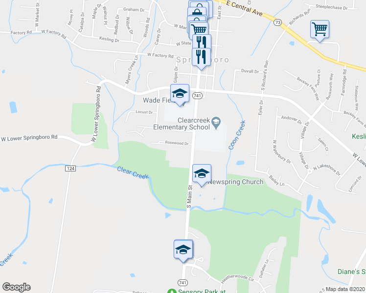 map of restaurants, bars, coffee shops, grocery stores, and more near 25 Rosewood Drive in Springboro