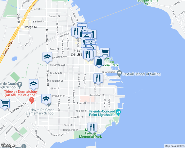 map of restaurants, bars, coffee shops, grocery stores, and more near 356 Bourbon Street in Havre de Grace