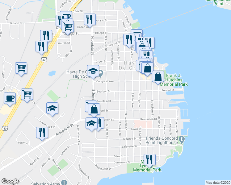 map of restaurants, bars, coffee shops, grocery stores, and more near 610 Bourbon Street in Havre de Grace