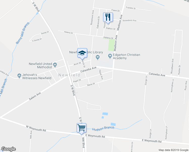 map of restaurants, bars, coffee shops, grocery stores, and more near 198 Pearl Street in Newfield