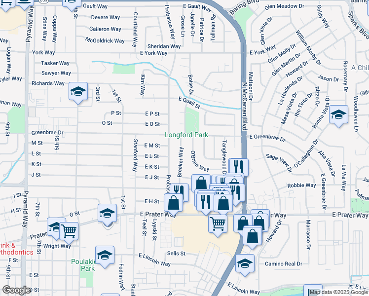 map of restaurants, bars, coffee shops, grocery stores, and more near 1420 Breaker Way in Sparks