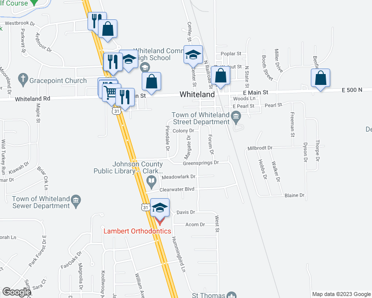 map of restaurants, bars, coffee shops, grocery stores, and more near 200 Margate Drive in Whiteland