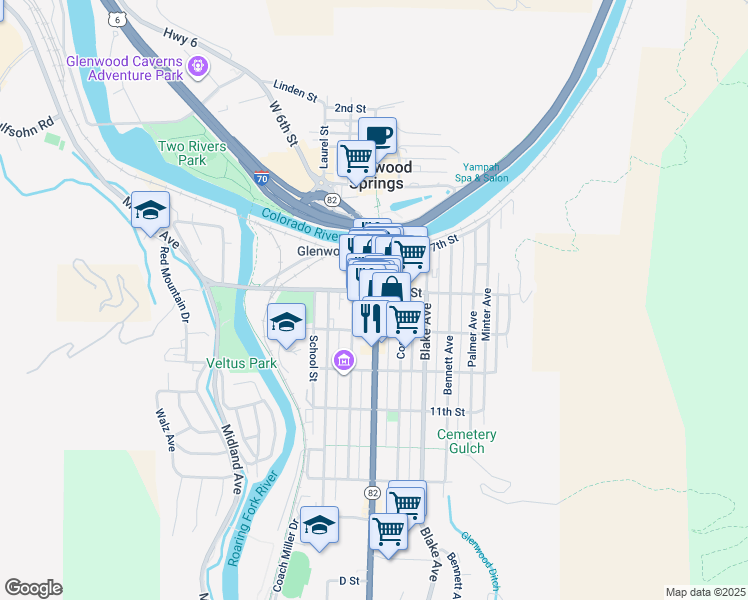 map of restaurants, bars, coffee shops, grocery stores, and more near 817 Grand Avenue in Glenwood Springs