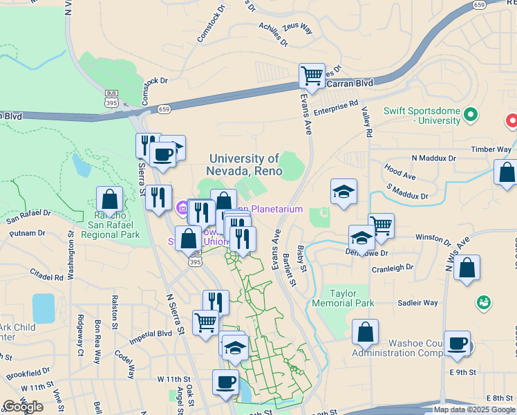 map of restaurants, bars, coffee shops, grocery stores, and more near 095 East Stadium Way in Reno