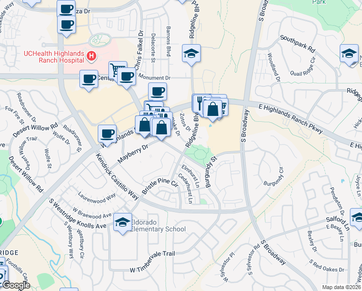 map of restaurants, bars, coffee shops, grocery stores, and more near 9350 Dorchester Street in Highlands Ranch
