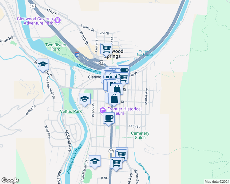 map of restaurants, bars, coffee shops, grocery stores, and more near 802 Grand Avenue in Glenwood Springs