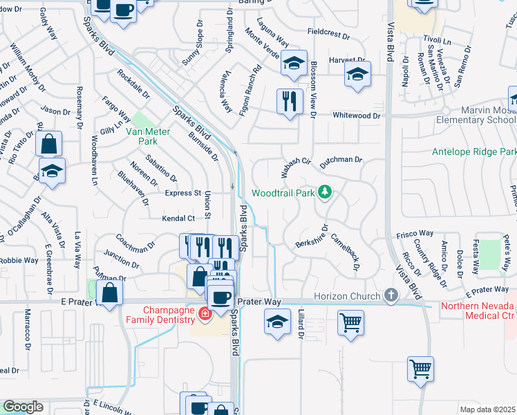 map of restaurants, bars, coffee shops, grocery stores, and more near 1076 Locomotive Court in Sparks