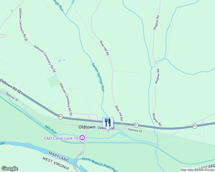 map of restaurants, bars, coffee shops, grocery stores, and more near 18405 Bear Hill Road in Oldtown