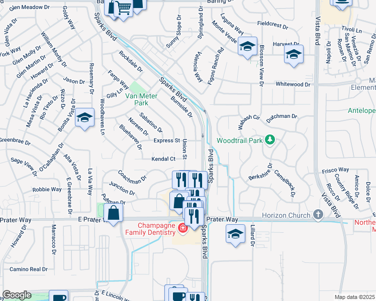 map of restaurants, bars, coffee shops, grocery stores, and more near 1391 Burnside Court in Sparks