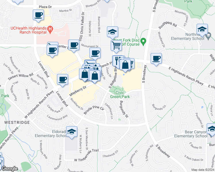 map of restaurants, bars, coffee shops, grocery stores, and more near 9350 Dorchester Street in Highlands Ranch