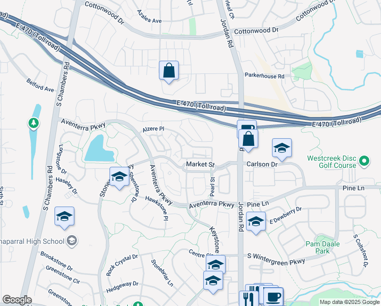map of restaurants, bars, coffee shops, grocery stores, and more near 16611 Las Ramblas Lane in Parker