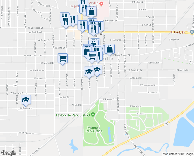 map of restaurants, bars, coffee shops, grocery stores, and more near South Main Street in Taylorville