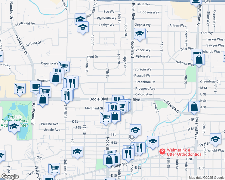 map of restaurants, bars, coffee shops, grocery stores, and more near 1634 Oxford Avenue in Sparks