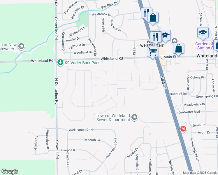 map of restaurants, bars, coffee shops, grocery stores, and more near 259 Kiawah Drive in Whiteland