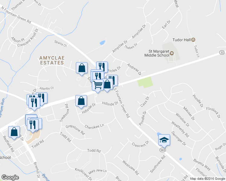 map of restaurants, bars, coffee shops, grocery stores, and more near 200 S Fountain Green Rd in Bel Air