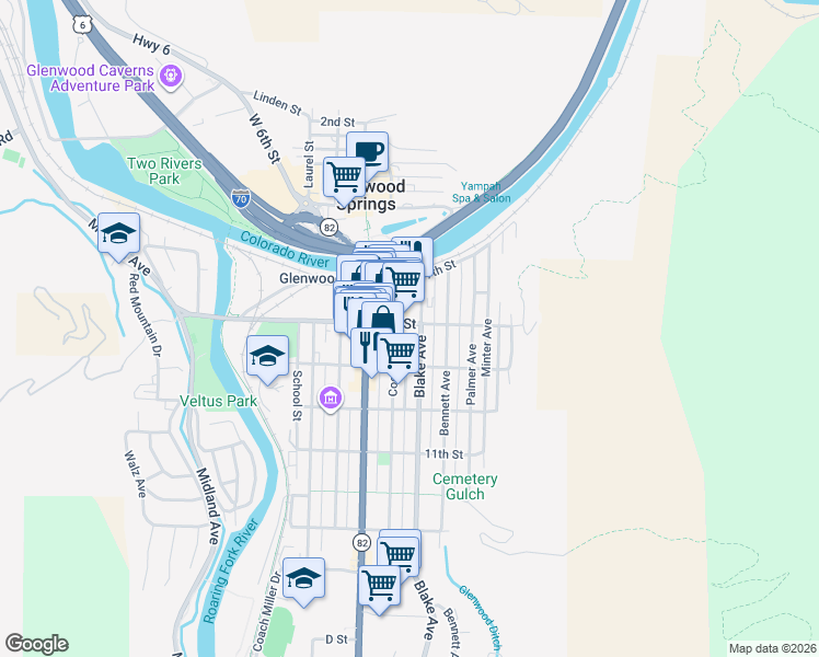 map of restaurants, bars, coffee shops, grocery stores, and more near 806 Cooper Avenue in Glenwood Springs