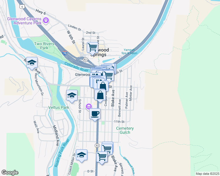 map of restaurants, bars, coffee shops, grocery stores, and more near 806 Cooper Avenue in Glenwood Springs