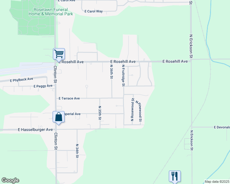 map of restaurants, bars, coffee shops, grocery stores, and more near 3600-3698 East Terrace Avenue in North Terre Haute