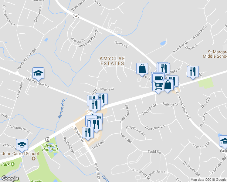 map of restaurants, bars, coffee shops, grocery stores, and more near 1317 Allenby Court in Bel Air
