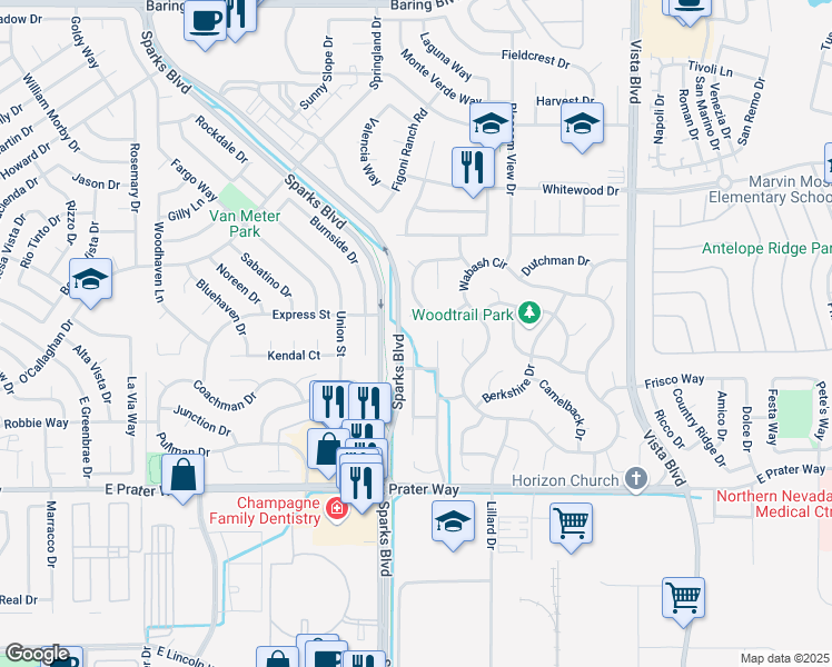 map of restaurants, bars, coffee shops, grocery stores, and more near 1095 Caboose Court in Sparks