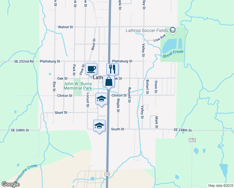 map of restaurants, bars, coffee shops, grocery stores, and more near 603 Maple Street in Lathrop