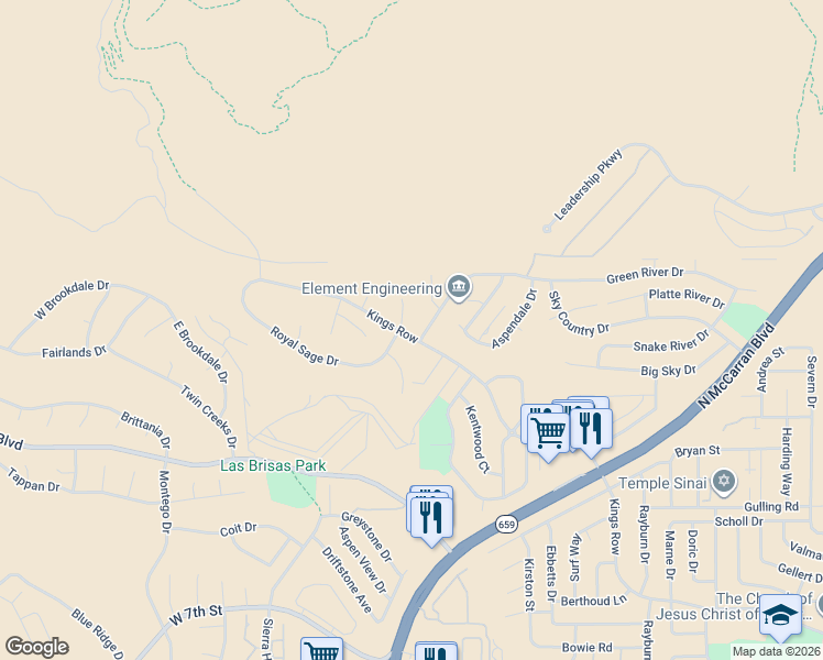 map of restaurants, bars, coffee shops, grocery stores, and more near 3990 Kings Row in Reno