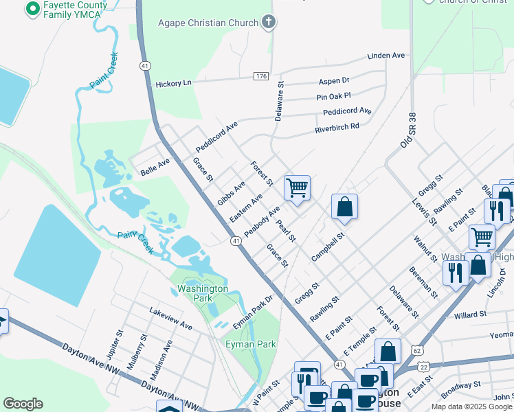 map of restaurants, bars, coffee shops, grocery stores, and more near 1008 Grace Street in Washington Court House