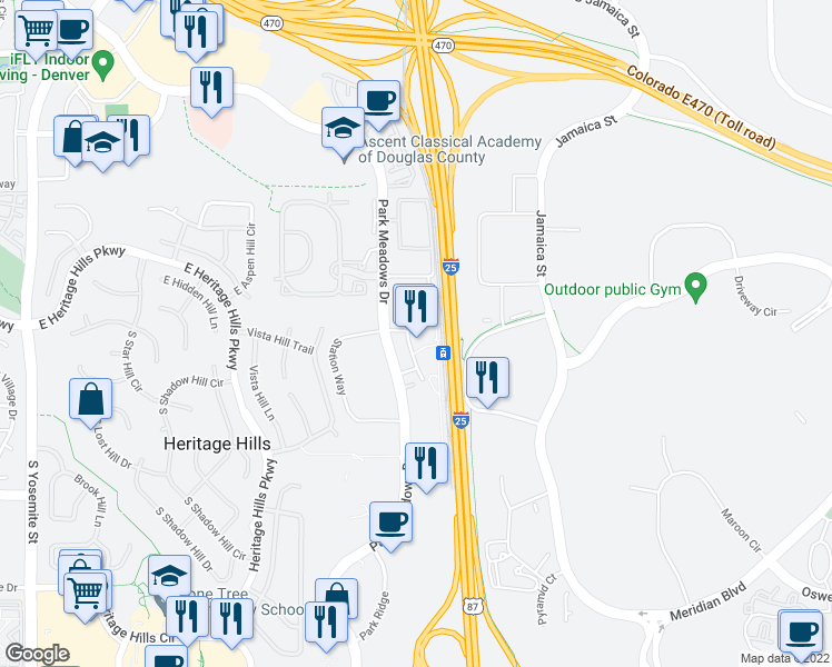 map of restaurants, bars, coffee shops, grocery stores, and more near 9830 Station Street in Lone Tree