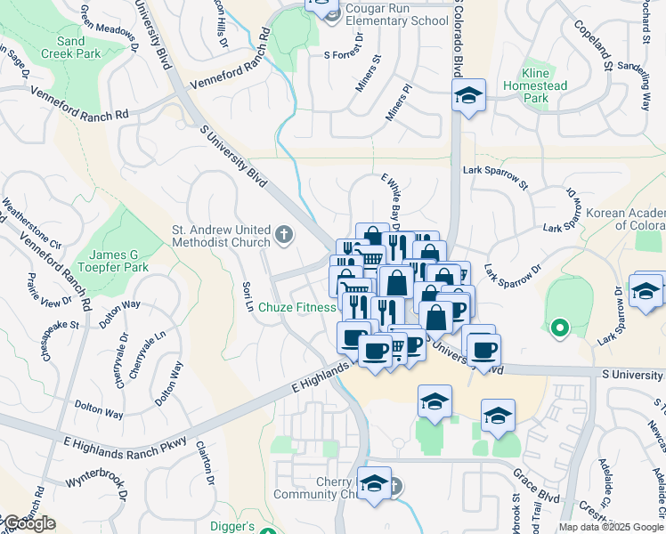 map of restaurants, bars, coffee shops, grocery stores, and more near 3482 Cascina Place in Littleton