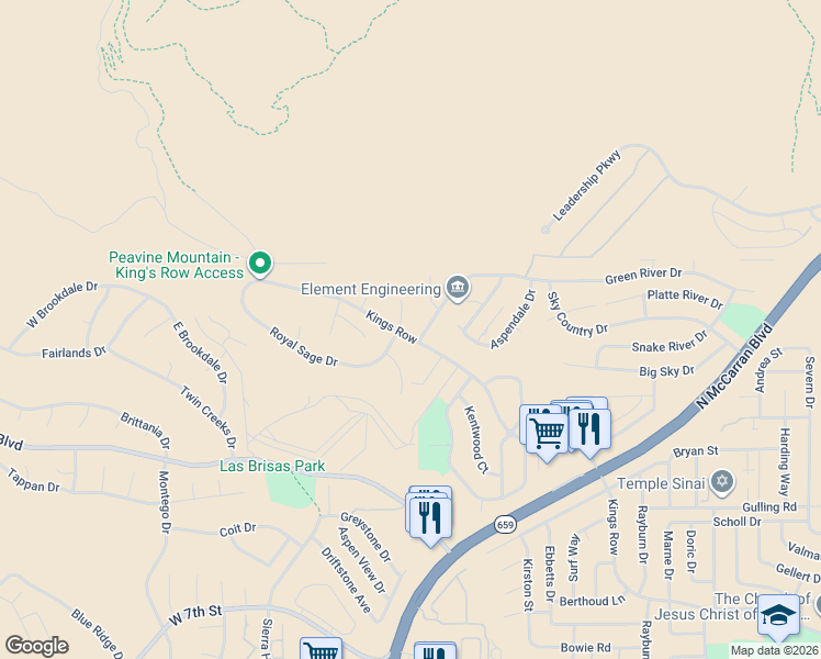 map of restaurants, bars, coffee shops, grocery stores, and more near 3990 Kings Row in Reno