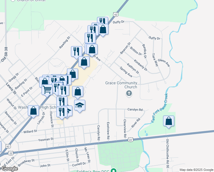 map of restaurants, bars, coffee shops, grocery stores, and more near 194 Summit Lane in Washington Court House