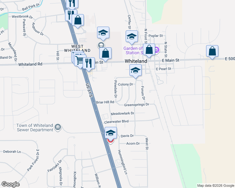 map of restaurants, bars, coffee shops, grocery stores, and more near 219 Pinedale Drive in Whiteland