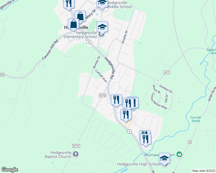 map of restaurants, bars, coffee shops, grocery stores, and more near West Virginia 9 in Hedgesville