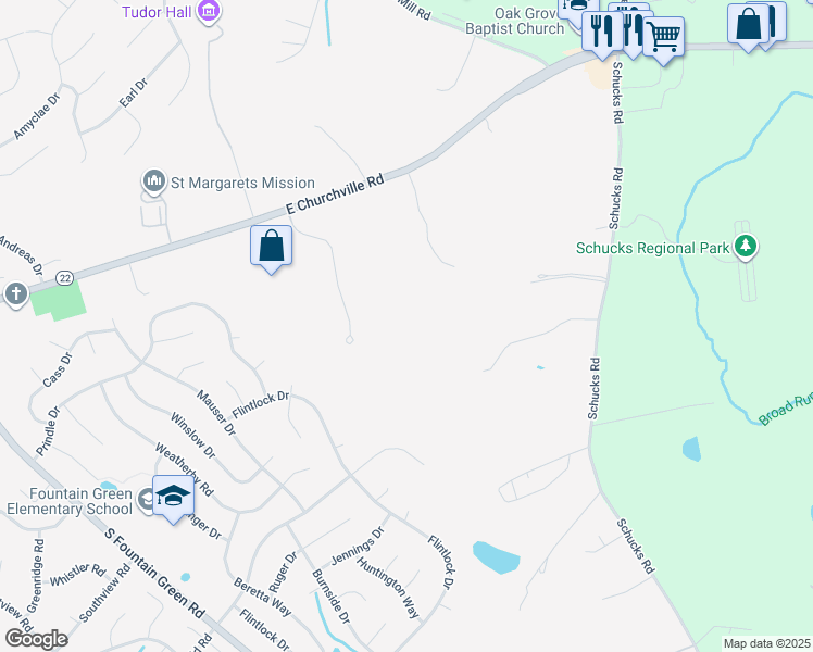 map of restaurants, bars, coffee shops, grocery stores, and more near 1897 Churchville Road in Bel Air