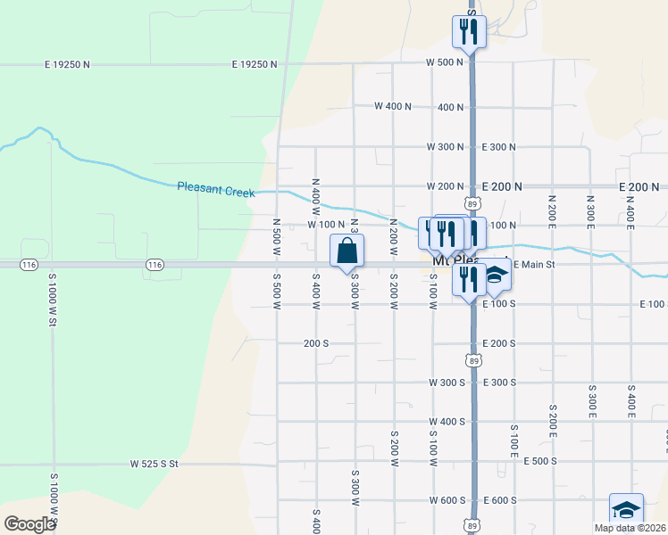 map of restaurants, bars, coffee shops, grocery stores, and more near 40 South 300 West in Mount Pleasant