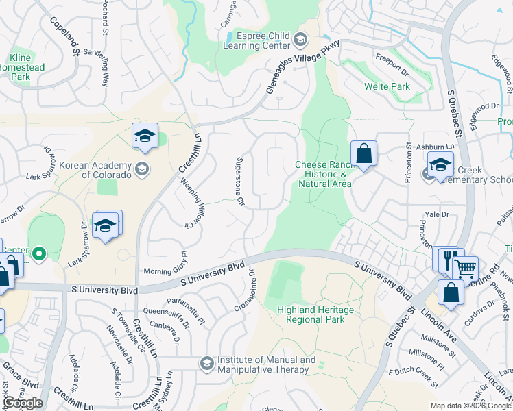 map of restaurants, bars, coffee shops, grocery stores, and more near 9348 Crosspointe Drive in Highlands Ranch